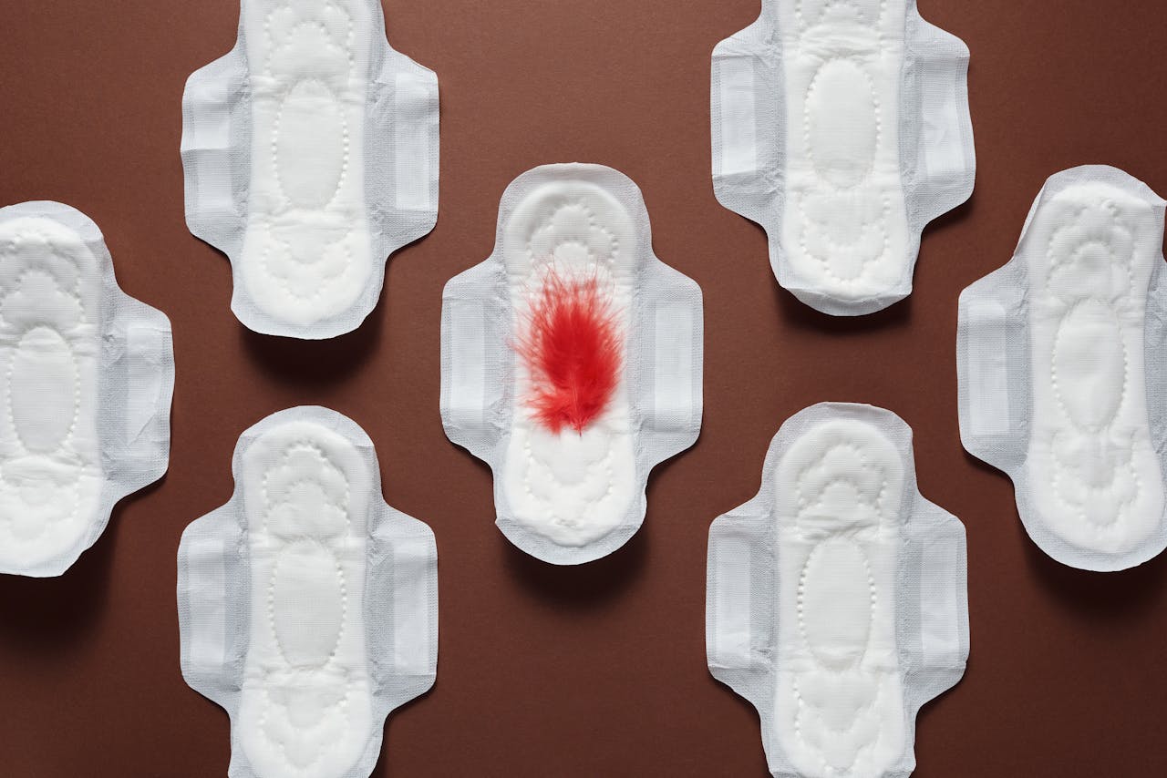Sanitary pads with a red feather representing menstruation on a brown backdrop.